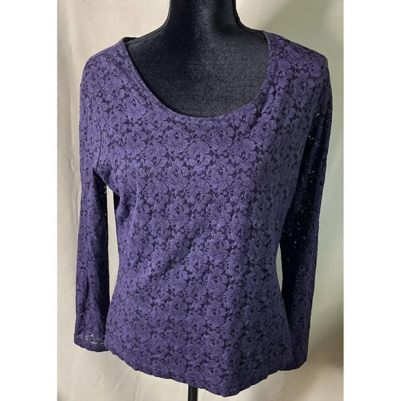 Coldwater Creek Women's Purple Floral Long Sleeve Crochet Lace Top Shirt Medium - Picture 1 of 6